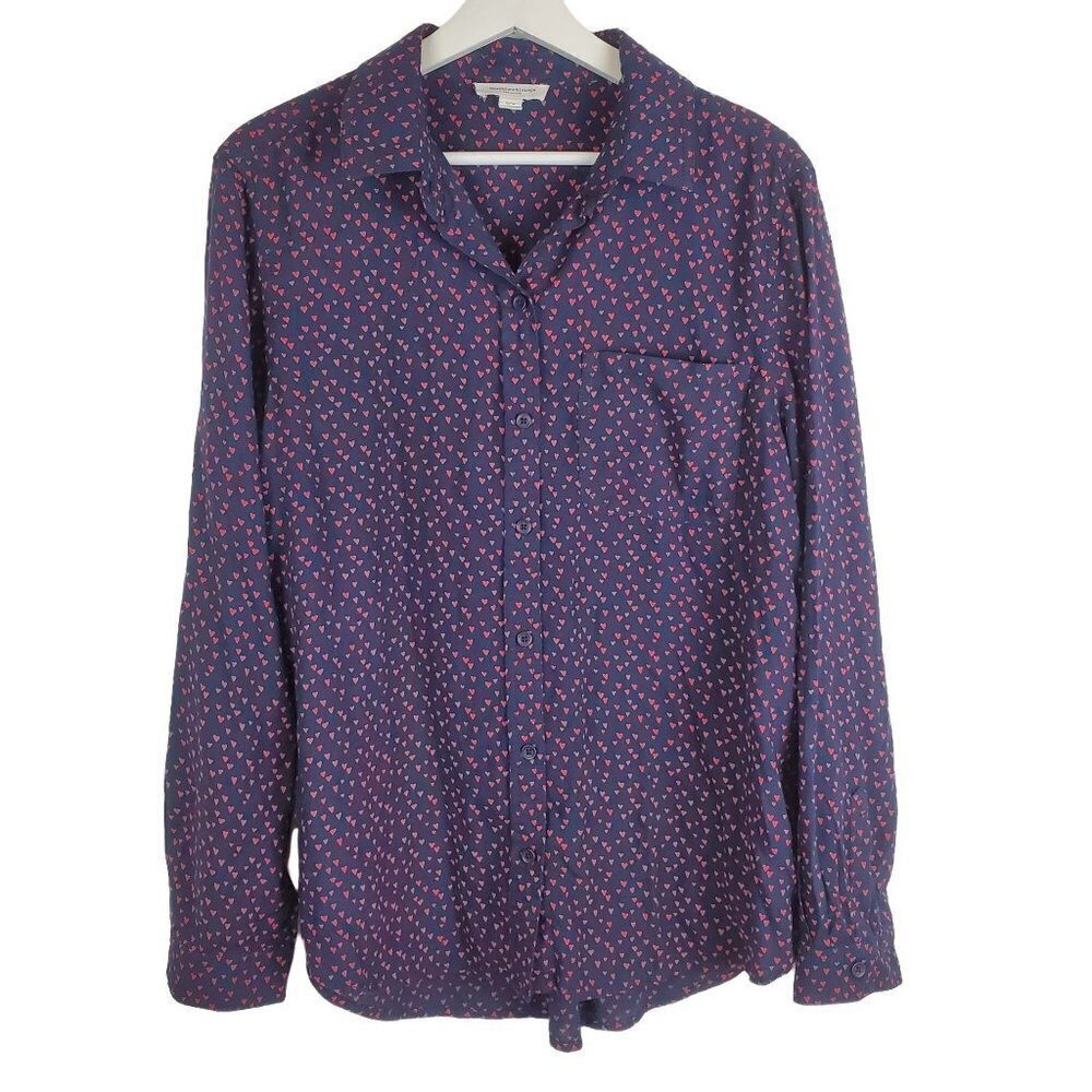 BEACHLUNCHLOUNGE‎ Medium Navy Blue button up Shirt Coral Hearts Tunic length
